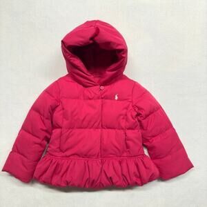 Ralph Lauren Toddler Girls‎ 3T Down Puffer Coat Hoodie Jacket Ruffle Hem Pink